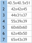 1 40.5x40.5x51 2 42x42x45 3 44x31x37 4 55x39x39 5 60x60x60 6 62x40x50 7 65x43x39