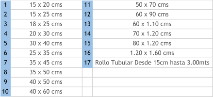 1 15 x 20 cms 11 50 x 70 cms 2 15 x 25 cms 12 60 x 90 cms 3 18 x 25 cms 13 60 x 1.10 cms 4 20 x 30 cms 14 70 x 1.20 cms 5 30 x 40 cms 15 80 x 1.20 cms 6 25 x 35 cms 16 1.20 x 1.60 cms 7 35 x 45 cms 17 Rollo Tubular Desde 15cm hasta 3.00mts 8 35 x 50 cms 9 40 x 50 cms 10 40 x 60 cms
